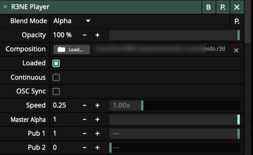 The R3NE Player effect in Resolume's Clip panel: Composition file loaded, Loaded on, Continuous, OSC Sync, Speed 1.00x, Master Alpha, and published parameter slots Pub 1 and Pub 2