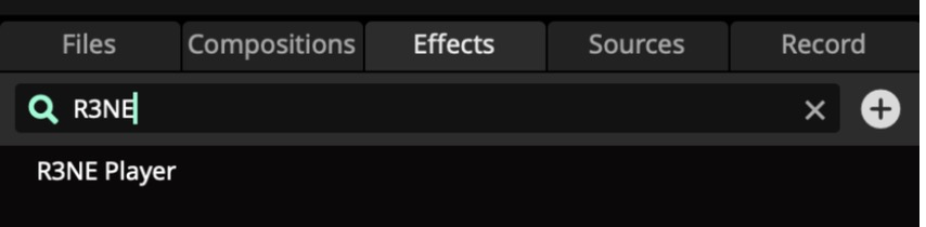 Resolume's Effects browser with R3NE typed in the search box and R3NE Player listed